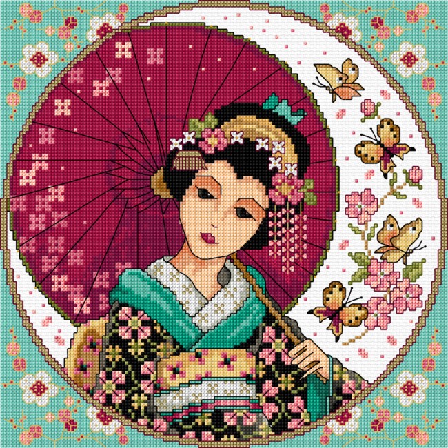 Oriental geisha in cross stitch