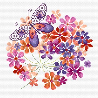 A modern floral and butterfly design in cross stitch