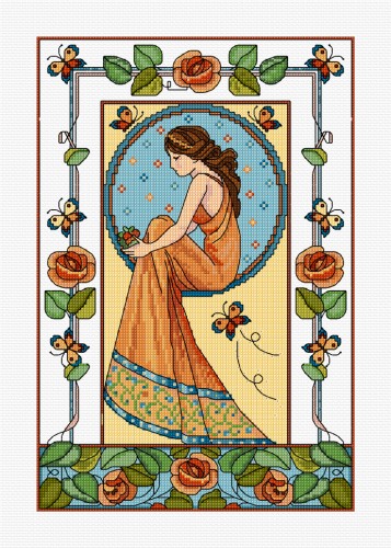 Cross Stitch Art Deco design of a lady with roses
