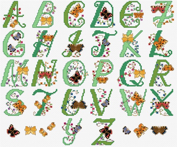 Butterfly alphabet in cross stitch