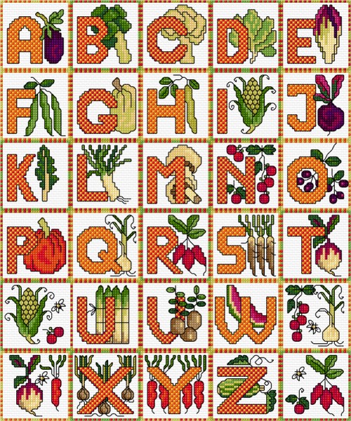 Cross stitch alphabet vegetables
