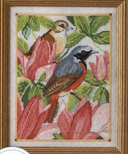 Redstarts and magnolias cross stitch