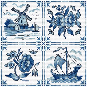 Blue and white tiles in cross stich