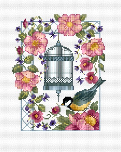 Roses, bird cage and great tit in cross stitch