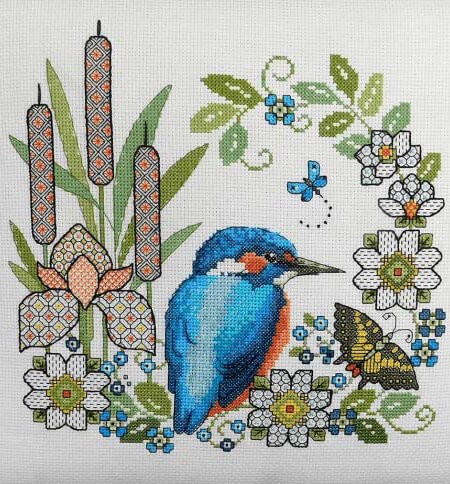 Blackwork iris and kingfisher