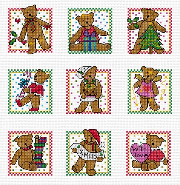 Christmas teddies in cross stitch