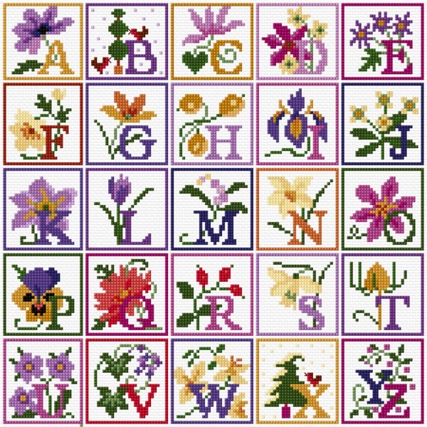 Floral alphabet in cross stitch