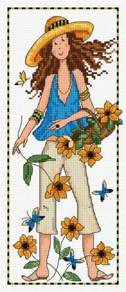 cross stitch lass in a garden