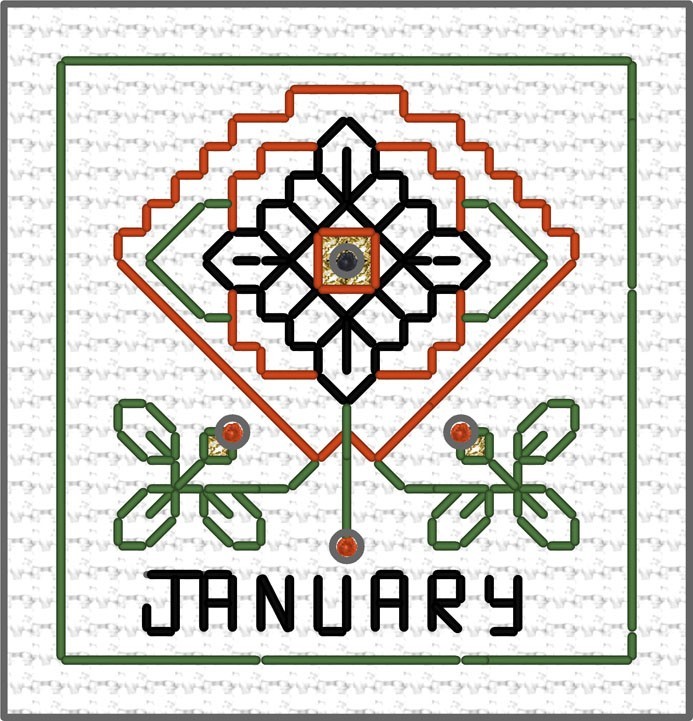 LJT Blackwork Fan sampler January illustration 6145