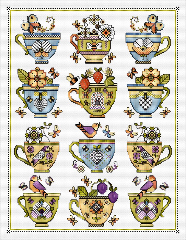 LJT115 Blackwork Tea cup Sampler illustration 5798