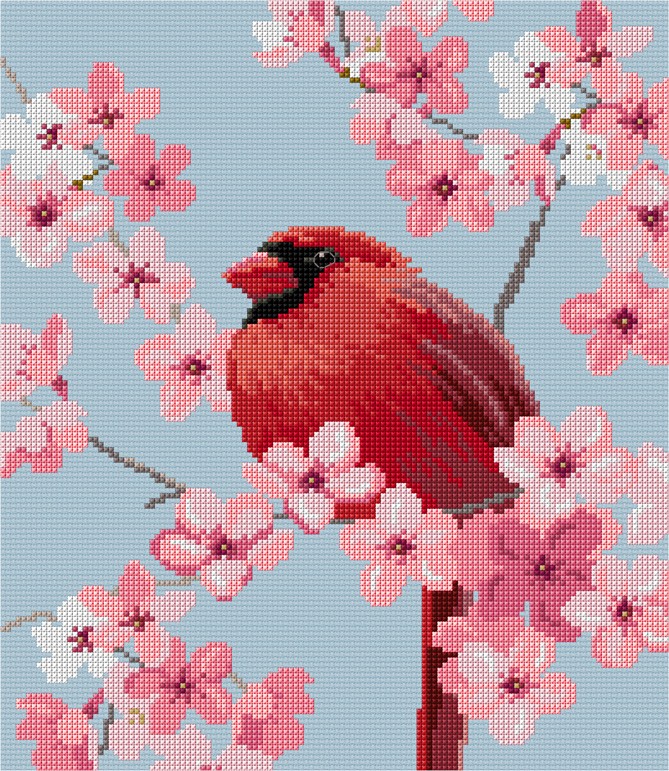 LJT165 Northern Cardinal amongst blossom illustration 5329