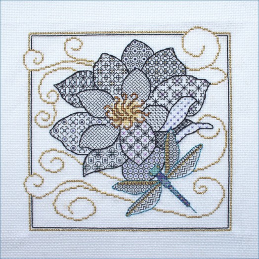 LJT245 Blackwork Waterlily with dragonfly thumbnail