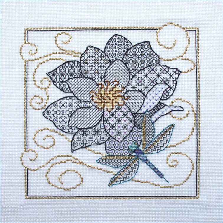 LJT245 Blackwork Waterlily with dragonfly illustration 5191