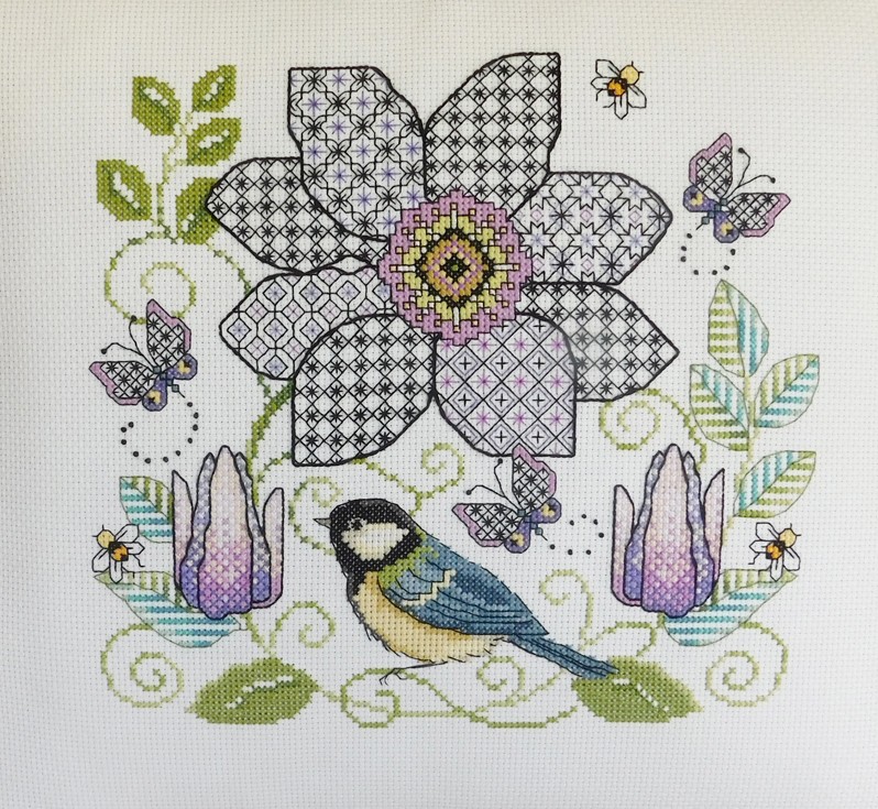 LJT303 Blackwork Clematis and Great Tit illustration 4942