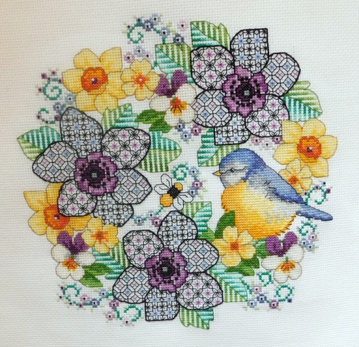 Blackwork anemones and blue tit illustration 5070