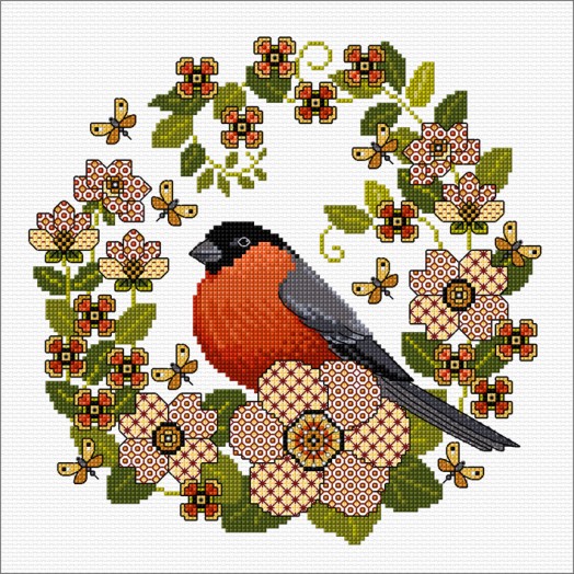 LJT331 Bullfinch amongst the flowers thumbnail