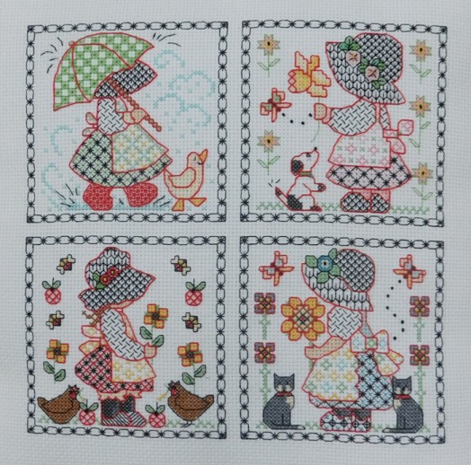 LJT333 Blackwork Sunbonnet Sue designs with colour thumbnail