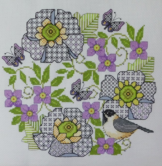 LJT344 Blackwork scabious and chickadee illustration 5239