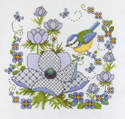 LJT384 Blackwork Anemones with blue tit thumbnail