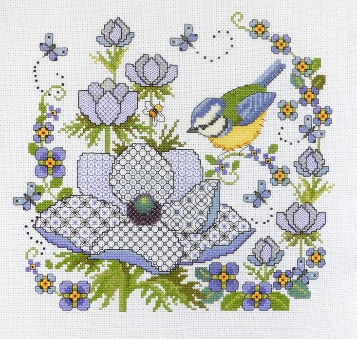 LJT384 Blackwork Anemones with blue tit illustration 5559