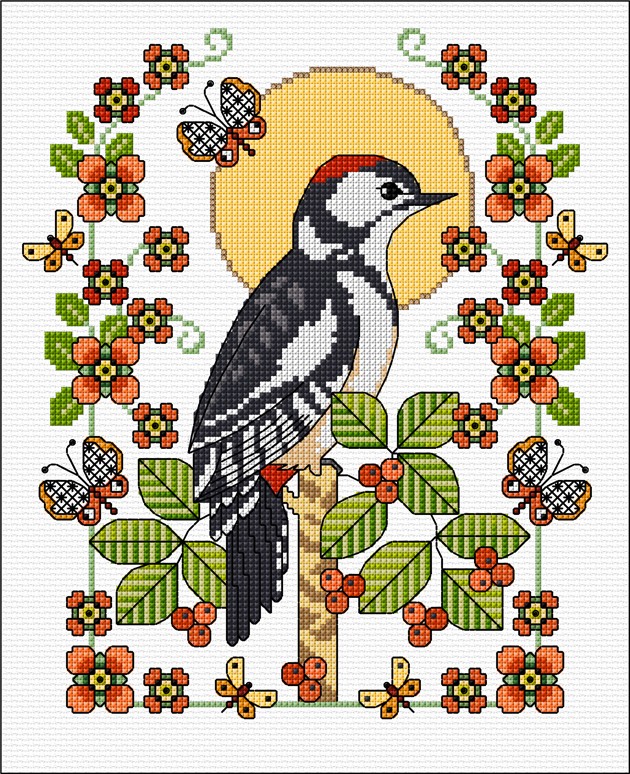 LJT402 Woodpecker with flowers illustration 6173