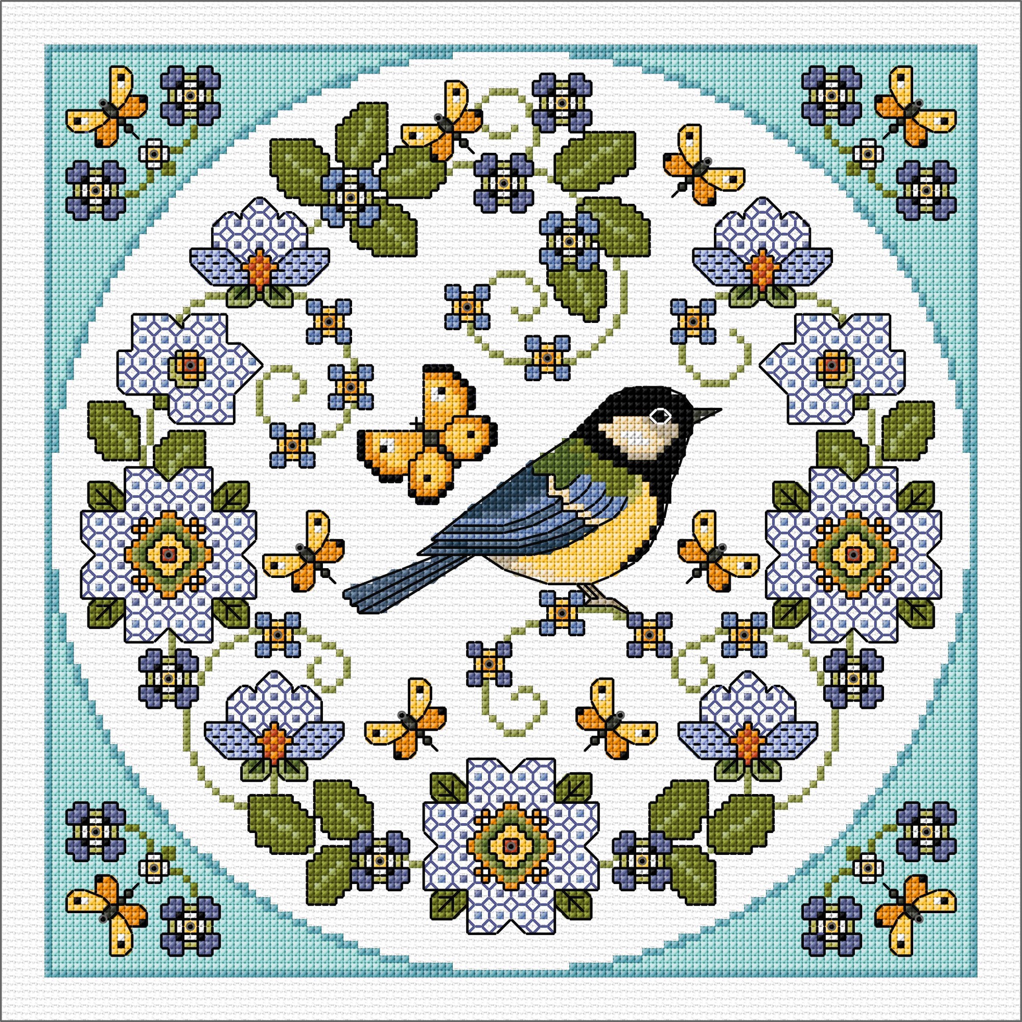 LJT436 Flowers with Great Tit illustration 6628