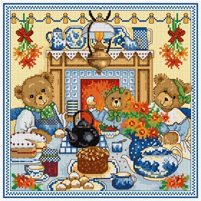 Stitch Cute teddies at teatime in cross stitch